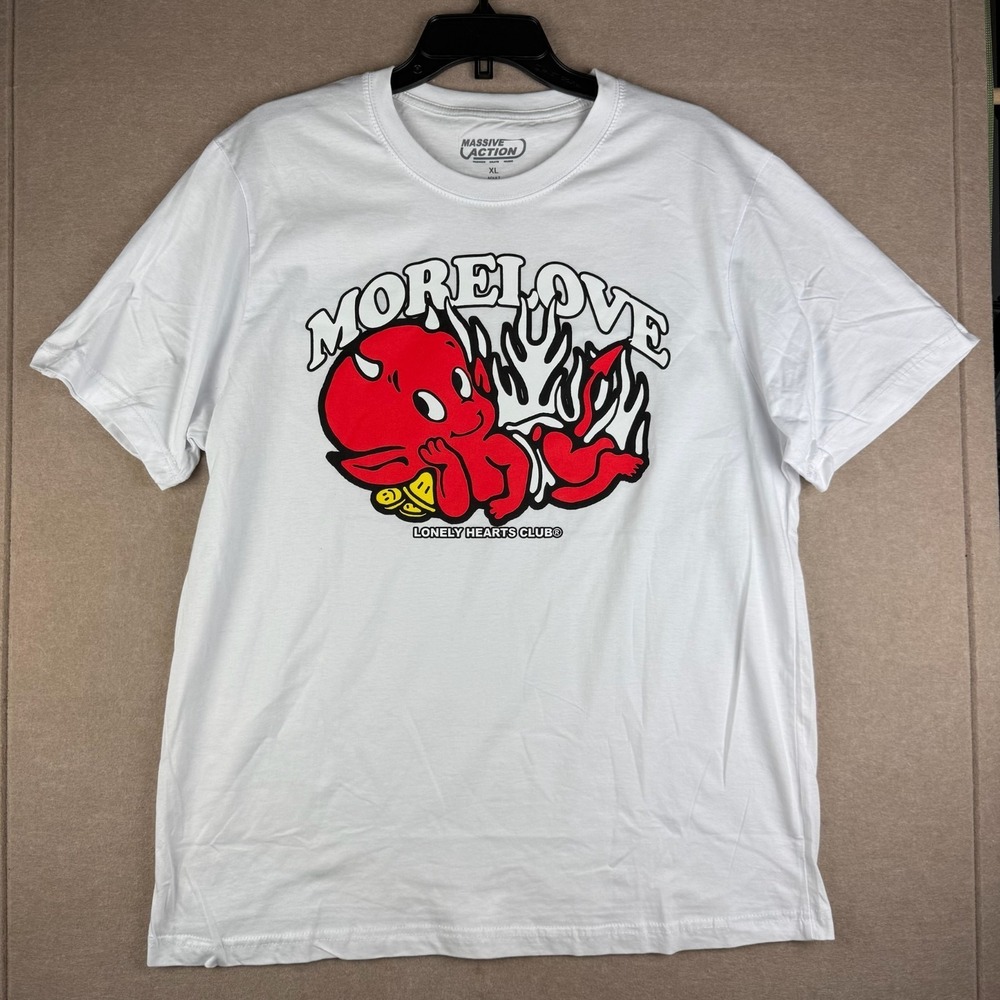 Massive Action Shirt Mens XL White More Love Red Devil Baby Lonely Hearts Club